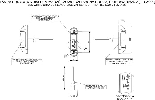 Zijmarkeringslichten - rood / wit / oranje 180Â° - aanhanger / trailer L2410