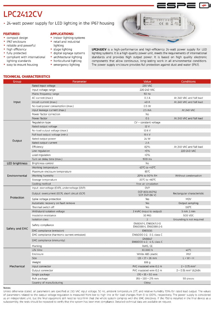 LED voeding - 12V, 2A - 24W - IP67 - WATERPROOF - ESPE