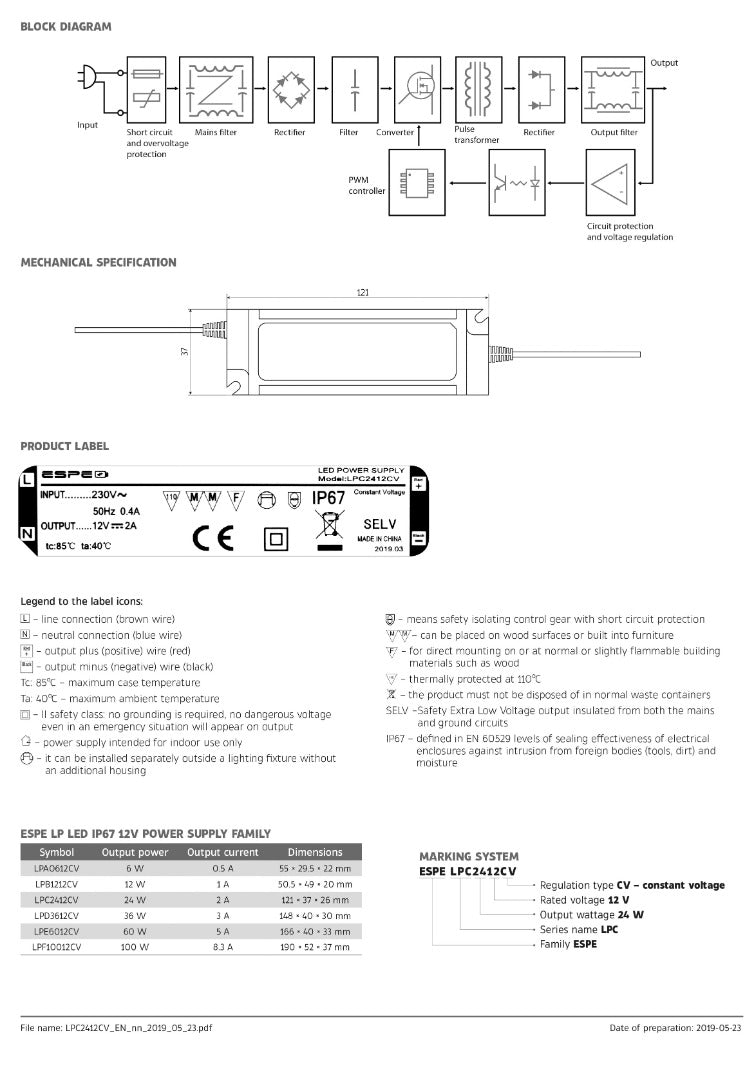 LED voeding - 12V, 2A - 24W - IP67 - WATERPROOF - ESPE