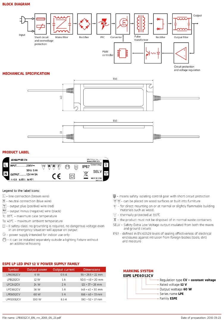 LED voeding - 12V, 5A - 60W - IP67 - WATERPROOF - ESPE