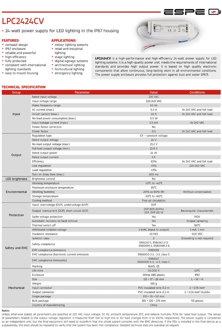 LED voeding - 24V, 1A - 24W - IP67 - WATERPROOF - ESPE