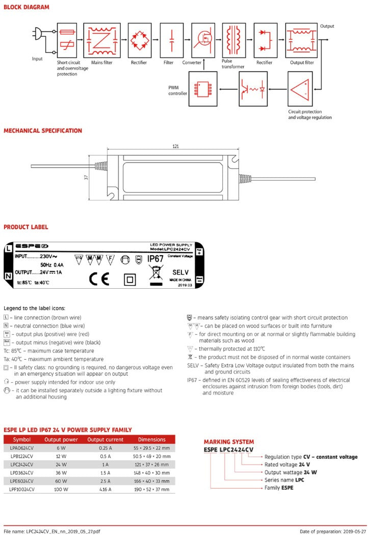 LED voeding - 24V, 1A - 24W - IP67 - WATERPROOF - ESPE