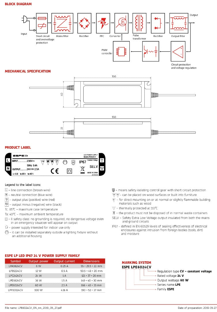 LED voeding - 24V, 2,5A - 60W - IP67 - WATERPROOF - ESPE