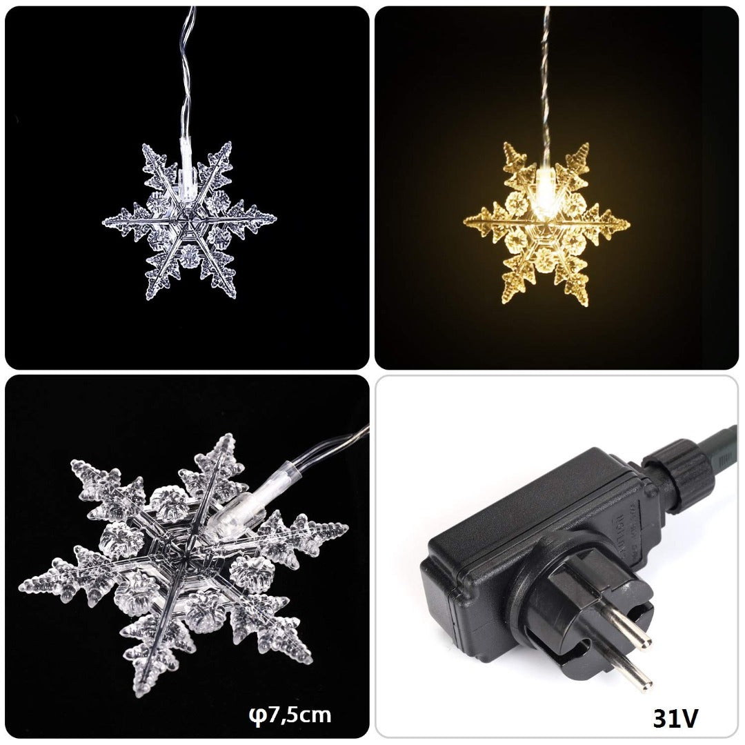 Led lichtgordijn kerst - 3 meter - 18 sneeuwvlokken - warm wit - 108 leds