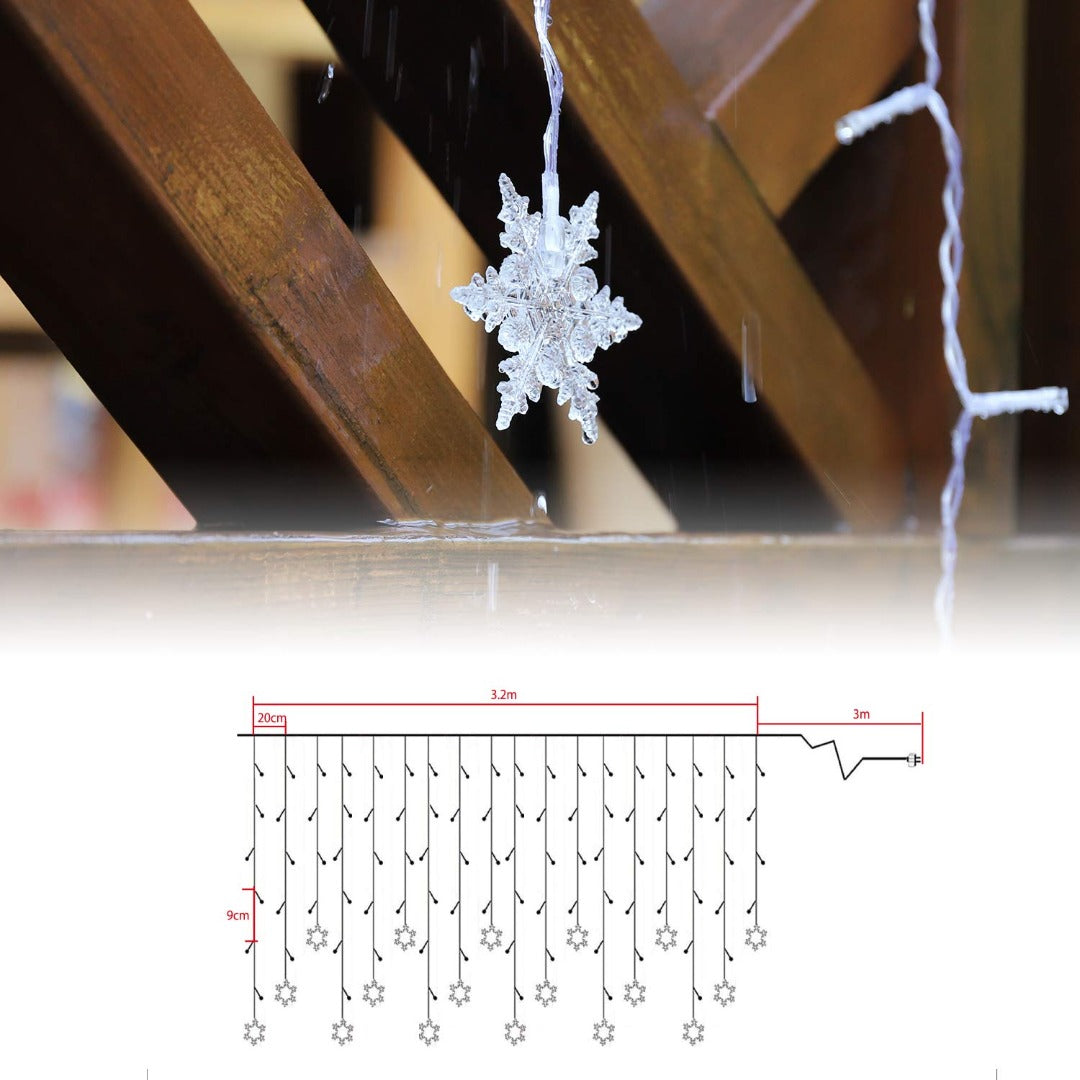 Led lichtgordijn kerst - 3 meter - 18 sneeuwvlokken - warm wit - 108 leds