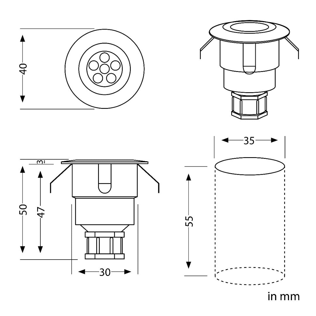 LED terrasverlichting rond - 40mm - 12V - Warm wit - Zilver