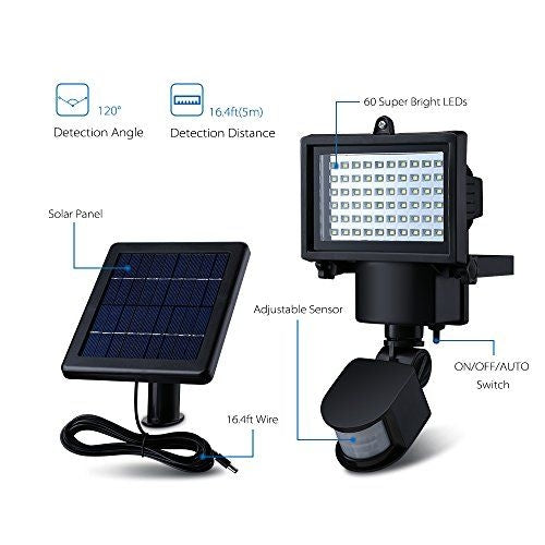 60 LED PIR Floodlight - Solar with Battery - 12 Volt - Black