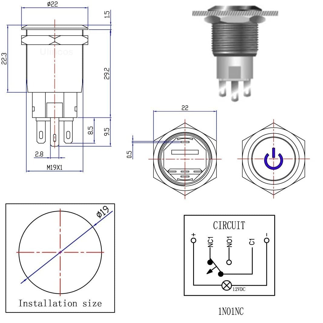 Drukschakelaar gele verlichting - 19mm - 1NO1NC - Power symbool