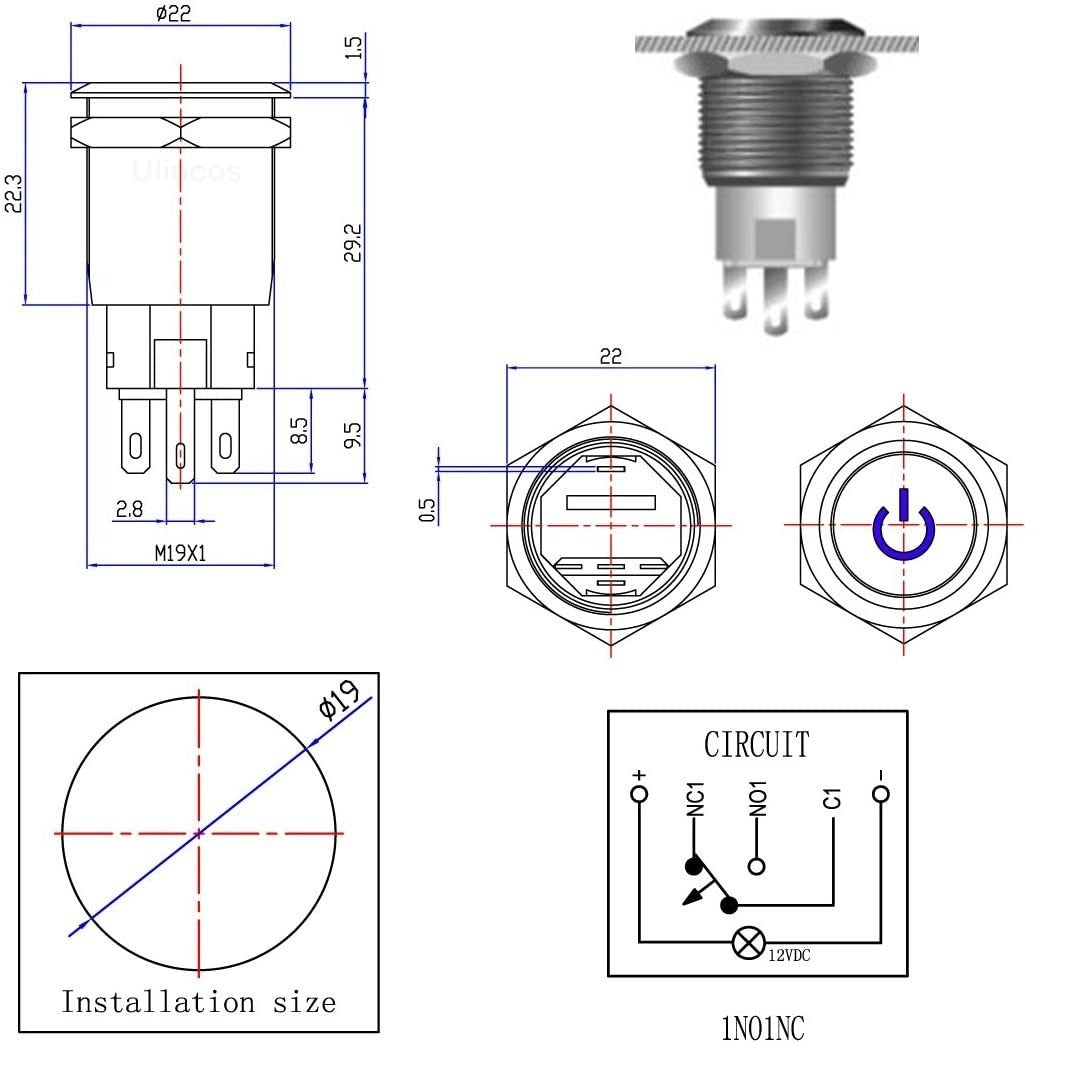 Drukschakelaar groene verlichting - 19mm - 1NO1NC - Power symbool