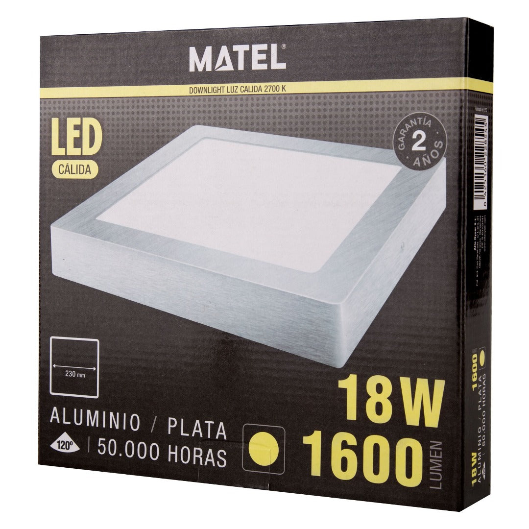 Plafonnier LED carré en saillie - Blanc chaud - Argent - 18 W