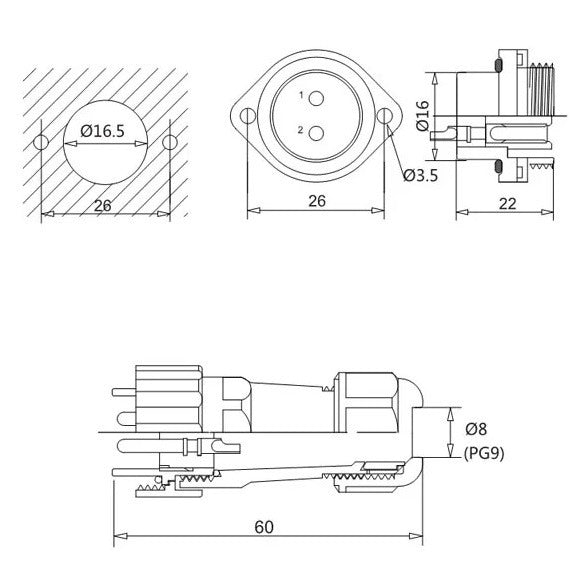 Connecteur mâle + châssis - 24 V - connecteur de câble étanche - 5 fils - IP68