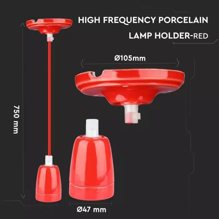 Retro porcelain lamp - RED - E27 fitting - pendant