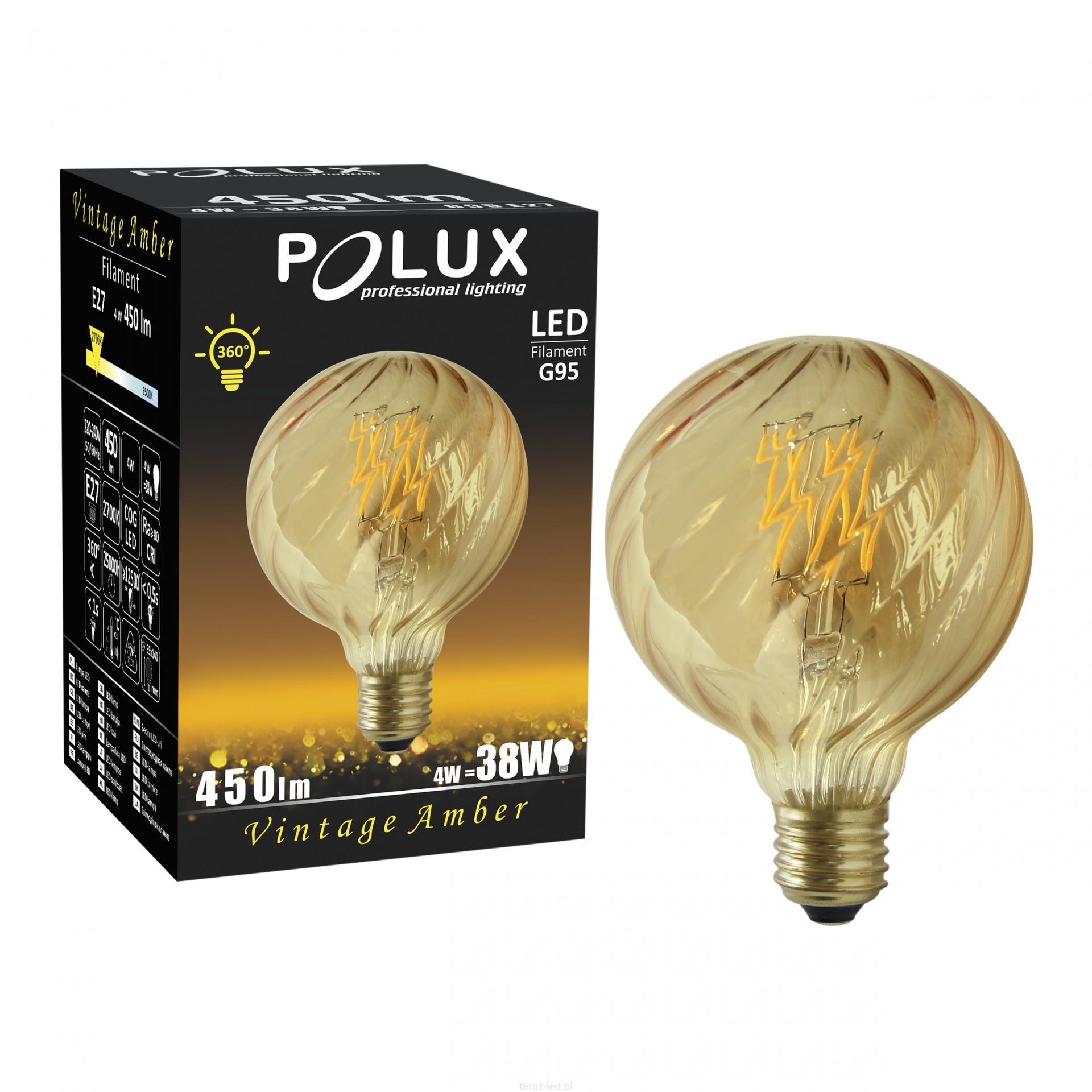 Ampoule LED à filament rétro E27 4 watts 450 lumens 2700 kelvins - Ambre G95