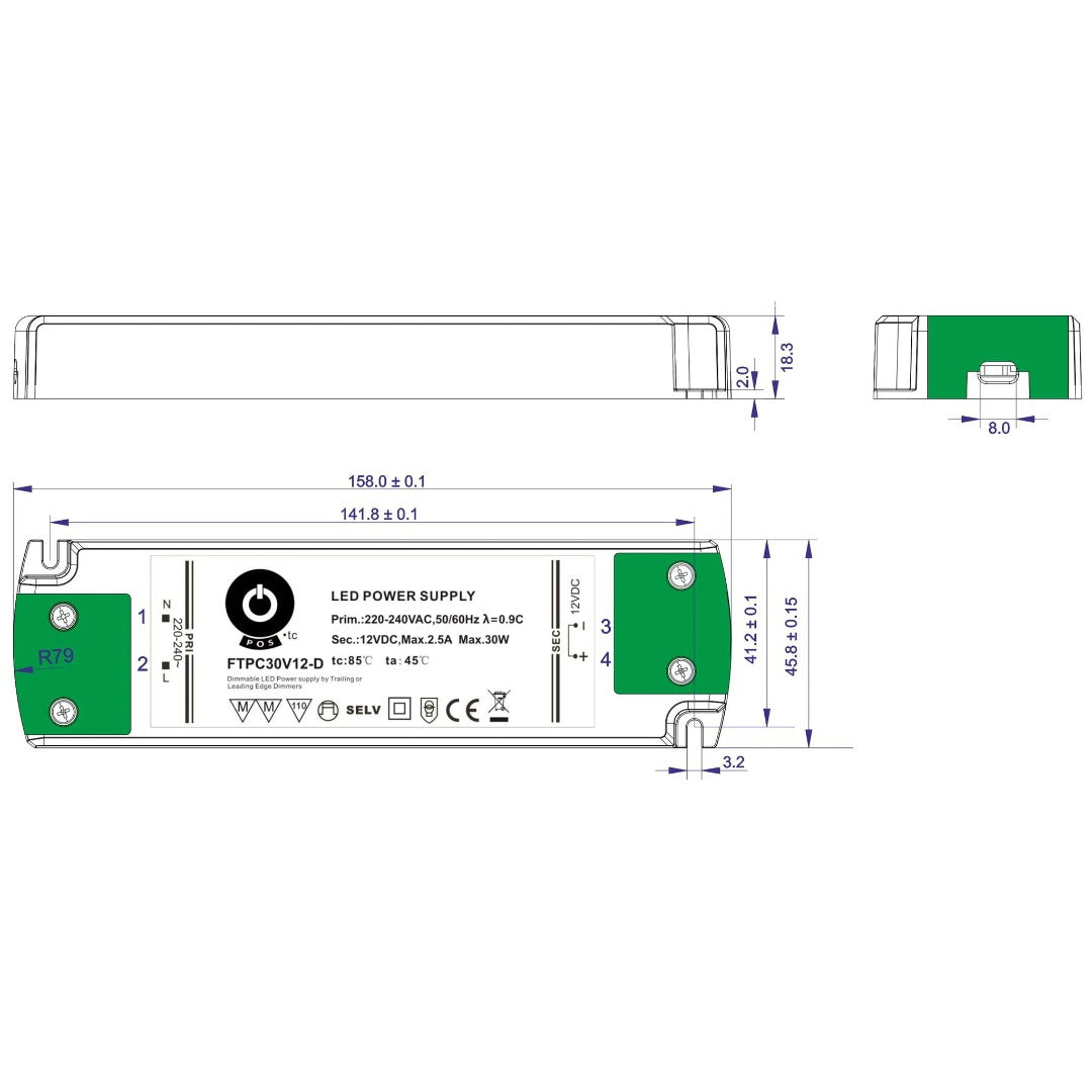 30W 12V DC dimbare voeding