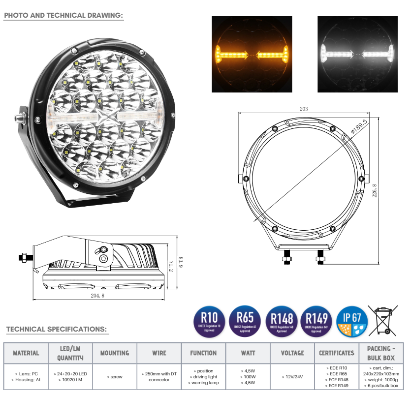 LED Koplamp Rijlicht Contour en Strobo 12V 24V 100W IP67